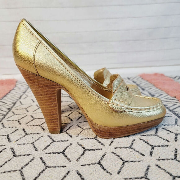 Steve Madden Gold Leather Platforms Loafer Heels, sz 9 - Picture 3 of 13